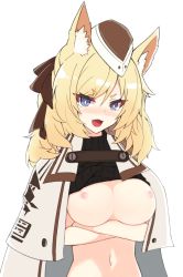 Rule 34 | 1girl, :d, animal ears, arknights, arms under breasts, artworks/89120158, black bow, black hat, black sweater, blonde hair, blue eyes, blush, bow, breasts, cloak, clothes lift, fang, hair bow, hat, highres, horse ears, lancer (worudrleh1), large breasts, long hair, navel, nipples, open mouth, ribbed sweater, simple background, skin fang, smile, solo, stomach, sweater, sweater lift, thick eyebrows, turtleneck, turtleneck sweater, upper body, v-shaped eyebrows, whislash (arknights), white background, white cloak