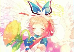1girl, ^ ^, ^o^, angel wings, bangs, blue gloves, blunt bangs, blush, bow hairband, brown hair, closed eyes, eyes closed, feathered wings, feathers, flower, gloves, hair ribbon, hairband, halo, hibi89, holding, holding instrument, instrument, lens flare, merc storia, open mouth, ribbon, short hair, short sleeves, smile, solo, trumpet, upper body, white wings, wings