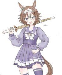 Rule 34 | 1girl, :d, animal ears, bamboo memory (umamusume), blue eyes, blush, bow, brown hair, collarbone, commentary request, frilled skirt, frills, hair between eyes, head tilt, headband, holding, holding weapon, horse ears, horse girl, horse tail, long sleeves, looking at viewer, multicolored hair, o ( oomua), open mouth, over shoulder, pleated skirt, puffy long sleeves, puffy sleeves, purple shirt, purple skirt, purple thighhighs, shinai, shirt, signature, simple background, skirt, smile, solo, standing, sword, tail, thighhighs, translation request, two-tone hair, umamusume, weapon, weapon over shoulder, white background, white bow, white hair, white headband