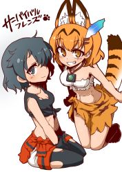 Rule 34 | 2girls, 370ml, animal ear fluff, animal ears, bad id, bad twitter id, black eyes, black hair, black shirt, breasts, cleavage, closed mouth, clothes around waist, commentary, copyright name, feather hair ornament, feathers, flower, grin, hair ornament, highres, kaban (kemono friends), kemono friends, kneeling, lanyard, pantyhose under shorts, looking at viewer, medium breasts, midriff, multiple girls, navel, orange eyes, orange hair, orange sarong, pantyhose, paw print, sarong, serval (kemono friends), serval print, shirt, short hair, shorts, single-shoulder shirt, single strap, sitting, sleeveless, sleeveless shirt, smile, striped tail, survival friends, tail, tied shirt, torn clothes, torn legwear, torn shirt, translated, v arms, white shirt, white shorts