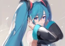 Rule 34 | 1girl, bare shoulders, blue eyes, blue hair, blue nails, commentary, detached sleeves, fingernails, grey background, hair between eyes, hands up, hatsune miku, highres, hoojiro, long hair, long sleeves, looking at viewer, nail polish, smile, solo, twintails, vocaloid