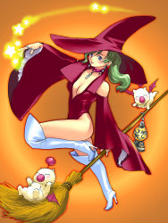 Rule 34 | 1girl, blue eyes, blush, boots, breasts, closed mouth, earrings, final fantasy, final fantasy vi, green hair, halloween, high heel boots, high heels, jewelry, long hair, looking at viewer, moogle, ponytail, ring, simple background, smile, thigh boots, thighhighs, tina branford, white thighhighs, yuccoshi