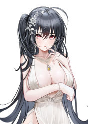 Rule 34 | 1girl, absurdres, antenna hair, azur lane, bare shoulders, black hair, bracelet, breasts, breasts squeezed together, cleavage, closed mouth, collarbone, commentary request, crossed bangs, dress, earrings, finger to mouth, flower, frown, garter straps, hair between eyes, hair flower, hair ornament, hand up, highres, jewelry, kori36870360, large breasts, long hair, looking at viewer, necklace, official alternate costume, red eyes, simple background, solo, taihou (azur lane), taihou (temptation on the sea breeze) (azur lane), upper body, wedding dress, white background, white dress, white legwear