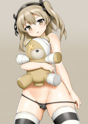 Rule 34 | 10s, 1girl, bandaged arm, bandaged head, bandaged leg, bandages, black bow, black hairband, black panties, blush, boko (girls und panzer), bow, brown background, brown eyes, brown hair, commentary request, dutch angle, girls und panzer, groin, hair between eyes, hair bow, hairband, hugging object, long hair, looking at viewer, panties, panty pull, parted lips, pulled by self, shimada arisu, simple background, solo, striped clothes, striped thighhighs, stuffed animal, stuffed toy, teddy bear, thighhighs, topless, toshishikisai, two side up, underwear, underwear only