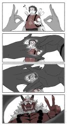 Rule 34 | 4koma, :3, absurdres, arm hair, backpack, bag, bead necklace, beads, belt, blank eyes, colored skin, comic, double fox shadow puppet, earrings, fangs, fangs out, fat, fat man, finger frame, fingernails, flying sweatdrops, fox shadow puppet, glasses, glowing, glowing eyes, grin, headband, highres, holding, holding bag, holding strap, hoop earrings, horns, humming, jewelry, long hair, male focus, musical note, necklace, oni, oni horns, opaque glasses, original, otaku, out of frame, paper bag, pov, pov hands, print shirt, red shirt, red skin, sarara (yoasobi), scratching head, scroll, sharp fingernails, shirt, shopping bag, short hair, short sleeves, smile, spot color, surprised, t-shirt, topless male, transformation, v