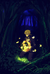 Rule 34 | 1boy, bad id, bad pixiv id, blonde hair, braid, bug, butterfly, closed eyes, cyclone hair, dark, fireflies, forest, giorno giovanna, glowing, grass, highres, insect, jojo no kimyou na bouken, kneeling, maca, male focus, nature, night, pectorals, plant, solo, sparkle, tree, vento aureo, vines