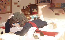 Rule 34 | 1girl, antlers, barefoot, bed, black shirt, black shorts, blue eyes, blush, book, bread, bread slice, brown hair, commentary, day, digital media player, food, hand on own head, hand up, harrybeace, headphones, highres, horns, hugging object, indoors, kano (hanayori jyoshiryou), kano (utaite), leg up, light particles, long sleeves, looking at viewer, lying, on bed, on stomach, open book, original, painting (object), photo (object), pillow, pillow hug, scarf, shelf, shirt, short hair, shorts, solo, stuffed animal, stuffed toy, sunlight, virtual youtuber