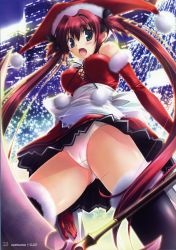 Rule 34 | 00s, absurdres, airi (queen&#039;s blade), airi (queen's blade), airi (the infernal temptress), blush, elbow gloves, gloves, hat, highres, ikegami akane, long hair, open mouth, panties, queen&#039;s blade, red hair, santa costume, solo, thighhighs, twintails, underwear, upskirt, white panties