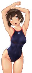 Rule 34 | 1girl, armpits, arms up, blue one-piece swimsuit, breasts, brown eyes, brown hair, commentary request, competition swimsuit, covered navel, cowboy shot, eeyore, gluteal fold, hiryuu (kancolle), kantai collection, large breasts, looking up, one-piece swimsuit, one side up, open mouth, short hair, simple background, skindentation, solo, swimsuit, wa (genryusui), white background