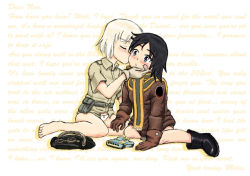 Rule 34 | 10s, 2girls, barefoot, black hair, blonde hair, blush, boots, brave witches, cecilia glinda miles, english text, gloves, kanno naoe, kiss, multiple girls, panties, sab-chan, scarf, short hair, sitting, strike witches, underwear, wall of text, witches of africa, world witches series, yuri