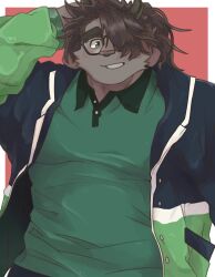 Rule 34 | 1boy, animal ears, animal nose, arm behind head, bara, black-framed eyewear, black eyes, black horns, blue jacket, blush, border, braid, brown hair, catoblepas (housamo), collared shirt, commentary, crown braid, furry, furry male, glasses, green jacket, green shirt, hair over one eye, high ponytail, highres, horns, huge eyebrows, jacket, long hair, multicolored clothes, multicolored jacket, muscular, muscular male, open mouth, outside border, red background, shirotoki (qdng0atngbaqmce), shirt, simple background, smile, solo, tokyo houkago summoners, upper body, white border