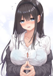 Rule 34 | 1girl, black hair, blue eyes, blunt bangs, blush, bra visible through clothes, breast pocket, breasts, button gap, cleavage, collarbone, collared shirt, d:, flying sweatdrops, hair between eyes, hairband, highres, large breasts, long hair, long sleeves, looking away, off shoulder, open mouth, original, own hands together, pocket, ribbed sleeves, see-through, shirt, simple background, solo, sweater, upper body, wavy mouth, wet, wet clothes, wet shirt, white background, white shirt, wing (aiastor)