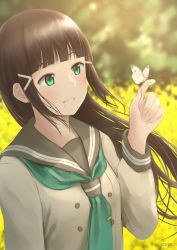 Rule 34 | 10s, 1girl, animal, bad id, bad pixiv id, black hair, blunt bangs, blurry, blurry background, blush, bug, butterfly, butterfly on hand, buttons, day, double-breasted, green eyes, green neckerchief, hair ornament, hairclip, hand up, highres, insect, kurosawa dia, lips, long hair, long sleeves, looking away, love live!, love live! sunshine!!, mole, mole under mouth, neckerchief, outdoors, papi (papiron100), parted lips, school uniform, serafuku, signature, smile, solo, standing, tareme, teeth, upper body, uranohoshi school uniform