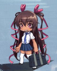 1girl animated animated_gif bag blush breasts chibi dark-skinned_female dark_skin female_focus full_body hair_ribbon happy holding holding_bag lilith-soft long_hair long_twintails looking_away looking_to_the_side lowres mizuki_yukikaze ribbon school_bag school_uniform shoes simple_background skirt small_breasts smile solo standing taimanin_(series) taimanin_rpgx taimanin_yukikaze twintails very_long_hair