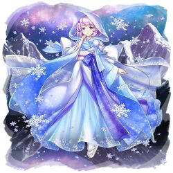 Rule 34 | 1girl, absurdres, blue skirt, closed mouth, commentary, english commentary, full body, game cg, highres, hood, japanese clothes, kimono, lapel pin, letty whiterock, letty whiterock (white snow glistening in winter), long sleeves, looking at viewer, mountain, outdoors, purple eyes, purple hair, rotte (1109), sash, second-party source, skirt, smile, snowflakes, solo, touhou, touhou lostword, white footwear, white kimono, wide sleeves