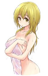 Rule 34 | 1girl, blonde hair, breasts, commentary, covered navel, covering breasts, covering privates, cropped torso, highres, holding, holding towel, ichii yui, large breasts, long hair, looking at viewer, mel (melty pot), naked towel, nude cover, parted lips, simple background, solo, standing, towel, wet, wet hair, white background, white towel, yellow eyes, yuyushiki