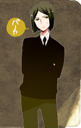 Rule 34 | 1boy, anger vein, bad id, bad pixiv id, bob cut, brown background, brown hair, crossed arms, fate/zero, fate (series), green eyes, green hair, male focus, matching hair/eyes, necktie, parted bangs, solo, wagimocco, waver velvet