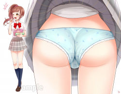 Rule 34 | 1girl, ass, ass focus, back, blue panties, clothes lift, from behind, head out of frame, idolmaster, idolmaster cinderella girls, igarashi kyoko, out of frame, panties, pantyshot, pleated skirt, raion (t12k1ro3), school uniform, simple background, skirt, skirt lift, solo, underwear, white background