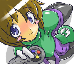 Rule 34 | 1girl, blue eyes, blush, blush stickers, bob cut, breasts, brown hair, chris (mario), controller, costume, from above, game console, game controller, genderswap, genderswap (mtf), hat, impossible clothes, impossible shirt, large breasts, luigi, mario (series), nintendo, pantyhose, shirt, short hair, sitting, solo, strap slip, super famicom