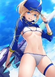 Rule 34 | 1girl, ahoge, artoria pendragon (fate), banned artist, baseball cap, bikini, blonde hair, blue eyes, blue hat, blue jacket, blue skirt, blue sky, bracelet, breasts, cropped jacket, day, duplicate, fate/grand order, fate (series), gluteal fold, hair between eyes, hat, head tilt, holding, holding clothes, holding hat, holding weapon, jacket, jewelry, kyoeiki, long hair, looking at viewer, medium breasts, mysterious heroine x (fate), mysterious heroine xx (fate), navel, open mouth, ponytail, side-tie bikini bottom, sidelocks, skirt, sky, smile, solo, stomach, string bikini, swimsuit, thigh strap, weapon, white bikini