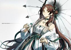Rule 34 | 1girl, arknights, brown hair, earrings, five-fall, hair ornament, holding, holding umbrella, horns, jacket, jewelry, jieyun (arknights), jieyun (away from dust) (arknights), long hair, looking at viewer, necklace, ribbon, umbrella, white jacket, yellow eyes