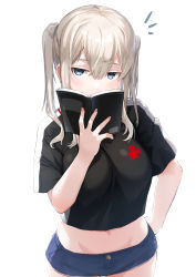Rule 34 | 1girl, alternate costume, black shirt, blue eyes, blue shorts, book, breasts, casual, covering own mouth, cowboy shot, crop top, graf zeppelin (kancolle), groin, hand on own hip, highres, holding, holding book, kantai collection, large breasts, long hair, looking at viewer, meth (emethmeth), micro shorts, midriff, navel, notice lines, open book, shirt, short sleeves, shorts, silver hair, simple background, solo, stomach, twintails, white background