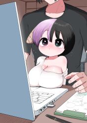 Rule 34 | 1boy, 1girl, absurdres, black hair, blush, breast rest, breasts, breasts on table, cleavage, clipboard, computer, demon girl, demon horns, desk, flying sweatdrops, heart, heart-shaped pupils, heterochromia, highres, horns, laptop, large breasts, looking up, multicolored hair, oppai loli, original, oversized clothes, oversized shirt, pen, purple hair, shirt, short hair, single bare shoulder, sitting, sitting on lap, sitting on person, symbol-shaped pupils, t-shirt, two-tone hair, white shirt, zurikishi
