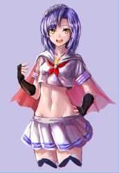 Rule 34 | 1girl, :d, absurdres, black gloves, blue hair, breasts, cape, commentary request, cowboy shot, crop top, deluxe&lt;&lt;&lt;, elbow gloves, fingerless gloves, gloves, hand on own hip, highres, idol heroes (idolmaster), idolmaster, idolmaster million live!, looking at viewer, midriff, nanao yuriko, navel, neckerchief, open mouth, purple background, red neckerchief, school uniform, short hair, short sleeves, simple background, sketch, small breasts, smile, solo, yellow eyes