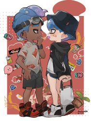 Rule 34 | 2boys, absurdres, arms behind back, bag, between fingers, black headwear, blue eyes, blue hair, bubble tea, candy, character request, check character, child, cigarette, cigarette pack, dark-skinned male, dark skin, earrings, egg, egg yolk, food, goggles, goggles on head, grateful shell collector, hand in pocket, highres, holding, holding bag, holding cigarette, implied yaoi, indirect kiss, inkling, inkling boy, inkling player character, interracial, jewelry, kirby, kirby (series), lollipop, male focus, mouth hold, multiple boys, nintendo, octoling, octoling boy, octoling player character, omurice (roza4957), purple eyes, red footwear, shoes, short shorts, shorts, smoking, sneakers, splatoon (series), splatoon 3, watch, wristwatch