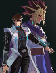 Rule 34 | 2boys, absurdres, atem, belt buckle, black background, black pants, black shirt, blonde hair, bright pupils, brown hair, buckle, cape, closed eyes, closed mouth, coat, commentary, earrings, highres, jewelry, kaiba seto, male focus, multicolored hair, multiple boys, on (isk1812), open clothes, open coat, pants, parted lips, purple cape, shirt, short hair, simple background, sketch, sleeveless, sleeveless coat, smile, spiked hair, white coat, white pupils, yu-gi-oh!, yu-gi-oh! duel monsters