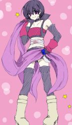 Rule 34 | 1girl, bare shoulders, belt, black hair, blood, blush, breasts, cape, choker, elbow gloves, gloves, midriff, navel, pink background, purple eyes, rutee katrea, short hair, short shorts, shorts, smile, star (symbol), tales of (series), tales of destiny, thighhighs