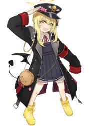 1girl :d absurdres arm_up armband black_coat black_dress black_hat black_ribbon blonde_hair bloomers blue_archive blush boots bow coat collared_shirt commentary demon_girl demon_wings doumu_(31678316) dress full_body hair_between_eyes hair_bow hair_ribbon halo hat hat_ornament heart heart_hat_ornament highres ibuki_(blue_archive) long_hair looking_at_viewer neck_ribbon open_clothes open_coat open_mouth peaked_cap pink_bow pleated_dress red_armband red_ribbon ribbon salute shirt side_ponytail sidelocks simple_background sleeves_past_fingers sleeves_past_wrists smile solo standing underwear v-shaped_eyebrows white_background white_bloomers white_shirt wings yellow_boots yellow_eyes yellow_halo