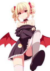 Rule 34 | 1girl, bad id, bad pixiv id, bare shoulders, black dress, black footwear, black sleeves, blonde hair, bow, closed mouth, collarbone, commission, crossed arms, demon wings, detached sleeves, dress, drill hair, frilled dress, frilled sleeves, frills, from below, gothic lolita, hair bow, highres, lolita fashion, long sleeves, looking at viewer, looking down, low wings, original, oueo, panties, pixiv commission, pleated dress, pointy ears, red bow, red eyes, red panties, red wings, shaded face, shoe soles, simple background, solo, standing, standing on one leg, strapless, strapless dress, striped clothes, striped thighhighs, thighhighs, twin drills, twintails, underwear, white background, wide sleeves, wings
