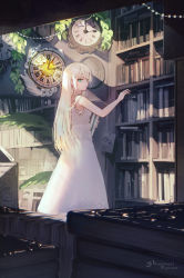 Rule 34 | 1girl, analog clock, aqua eyes, artist name, book, book stack, bookshelf, clock, dated, dress, highres, holding, holding book, inaeda kei, long hair, looking at viewer, original, outstretched arm, plant, shadow, sleeveless, sleeveless dress, solo, star (symbol), white dress, white hair