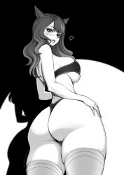 Rule 34 | 1girl, animal ears, artist name, ass, bikini, brassica, breasts, commission, facial mark, from behind, greyscale, hand on own hip, heart, highres, large breasts, long hair, looking back, monochrome, open mouth, original, shadow, sideboob, solo, strapless, strapless bikini, swimsuit, thighhighs