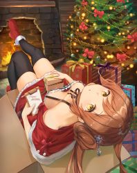 Rule 34 | 1girl, black thighhighs, box, bra strap, breasts, brown hair, capelet, christmas, christmas lights, christmas tree, commentary request, double bun, dress, fire, fireplace, frilled dress, frills, fur-trimmed capelet, fur trim, gift, hair bun, hair ornament, high heels, highres, holding, long hair, looking at viewer, looking up, medium breasts, mosta (lo1777789), on box, original, pen, red capelet, red dress, red footwear, sidelocks, sitting, sleeveless, sleeveless dress, solo, tareme, thighhighs, twintails, upside-down, yellow eyes