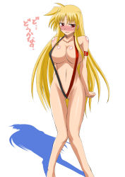 Rule 34 | 00s, blonde hair, blush, breasts, fate testarossa, large breasts, long hair, lyrical nanoha, mahou shoujo lyrical nanoha, mahou shoujo lyrical nanoha strikers, red eyes, shadow, slingshot swimsuit, solo, swimsuit, translated, very long hair, zerosu (take out)