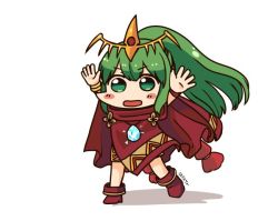 Rule 34 | 1girl, arms up, artist name, bad id, bad twitter id, bracelet, chibi, cloak, fire emblem, fire emblem: mystery of the emblem, fire emblem heroes, green eyes, green hair, jewelry, long hair, nintendo, open mouth, ponytail, simple background, sksk7r, solo, stone, tiki (fire emblem), tiki (young) (fire emblem), white background