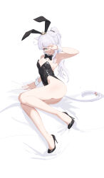Rule 34 | 1girl, absurdres, animal ears, arm support, arm up, armpits, ass, bare arms, bare legs, bare shoulders, bed sheet, bell, black footwear, black leotard, blue eyes, blunt bangs, bow, bowtie, breasts, cat ears, cat girl, cat tail, cleavage, covered navel, covering one eye, dch6898013, detached collar, facial mark, fake animal ears, final fantasy, final fantasy xiv, full body, high heels, highleg, highleg leotard, highres, jingle bell, legs, leotard, long hair, looking at viewer, miqo&#039;te, no legwear, open mouth, playboy bunny, ponytail, rabbit ears, simple background, sitting, slit pupils, small breasts, smile, solo, strapless, strapless leotard, tail, tail bell, tail ornament, thighs, tiara, v, warrior of light (ff14), white background, white hair, wrist cuffs, yokozuwari