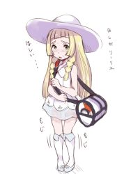 Rule 34 | 10s, 1girl, bag, blonde hair, blush, braid, child, creatures (company), dress, e10, flat chest, full body, game freak, hat, lillie (pokemon), long hair, looking at viewer, nintendo, open mouth, pokemon, pokemon sm, simple background, standing, sun hat, text focus, translation request, twin braids, white background, white dress, yellow eyes