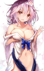 Rule 34 | 1girl, bare shoulders, blue bow, bow, breast hold, breasts, cleavage, collarbone, cowboy shot, efe, hair between eyes, head tilt, large breasts, long sleeves, looking at viewer, navel, no headwear, off shoulder, parted lips, petals, pink hair, red eyes, saigyouji yuyuko, simple background, smile, solo, sparkle, standing, touhou, triangular headpiece, white background, wide sleeves