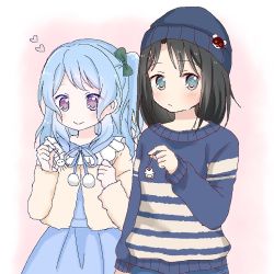 Rule 34 | 2girls, bad id, bad twitter id, bang dream!, beanie, black hair, blue dress, blue eyes, blue hair, blue hat, blue ribbon, blue sweater, blush, bow, closed mouth, commentary request, dress, green bow, hair bow, hat, heart, holding, jacket, long hair, long sleeves, looking at viewer, matsubara kanon, multiple girls, okusawa misaki, one side up, pleated dress, pom pom (clothes), purple eyes, ribbon, shika (s1ka), smile, sweater, yellow jacket