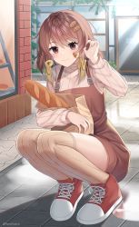 Rule 34 | 1girl, absurdres, baguette, blush, bread, brown eyes, brown hair, brown thighhighs, character request, closed mouth, commission, food, highres, indie virtual youtuber, lips, long hair, long sleeves, looking at viewer, over-kneehighs, overalls, red footwear, rynzfrancis, shoes, smile, sneakers, solo, thighhighs, virtual youtuber