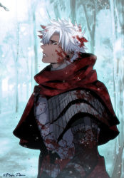 Rule 34 | 1boy, armor, blood, blood on face, blood on clothes, brown eyes, cape, dark skin, emiya kiritsugu, emiya kiritsugu (assassin), fate/grand order, fate (series), forest, long sleeves, looking to the side, male focus, meiji ken, nature, outdoors, parted lips, red cape, short hair, solo, standing, tree, white hair