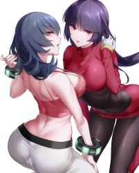 Rule 34 | ass, black legwear, blunt bangs, blush, breasts, cleavage, creatures (company), crop top, game freak, gloves, gym leader, highres, hizuki akira, impossible clothes, large breasts, long hair, looking at viewer, multiple persona, nintendo, pantyhose, pokemon, pokemon frlg, pokemon hgss, purple hair, red eyes, sabrina (pokemon), simple background, skin tight, sleeveless, white background