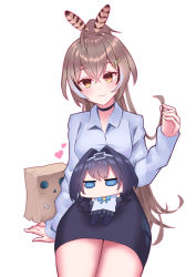 Rule 34 | 2girls, absurdres, ahoge, alternate costume, black choker, blue shirt, blue skirt, blush, brown eyes, brown hair, choker, collared shirt, detached sleeves, doll, feather hair ornament, feathers, formal, friend (nanashi mumei), hair intakes, hair ornament, head chain, heart, highres, hololive, hololive english, jewelry, jitome, long hair, looking at viewer, multicolored hair, multiple girls, nanashi mumei, office lady, ouro kronii, pencil skirt, playing with own hair, ponytail, ribbon, shirt, shirt tucked in, skirt, streaked hair, striped clothes, striped skirt, very long hair, virtual youtuber, white shirt, yumesphere