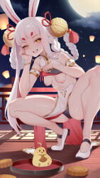 Rule 34 | 1girl, absurdres, animal ears, arm on knee, azur lane, bare legs, bare shoulders, bell, black panties, blush, braid, breasts, clothes lift, clothes pull, clothing aside, commentary request, dress, dress aside, dress pull, elbow on knee, exhibitionism, full body, full moon, grin, hair bell, hair ornament, hair rings, half-closed eyes, hand on own cheek, hand on own face, head rest, high heels, highres, kanon (sinto), leaning forward, leg hold, legs, lifting own clothes, midriff, moon, nail polish, naughty face, navel, night, night sky, nipples, no bra, outdoors, panties, pink nails, public indecency, pulling own clothes, rabbit ears, rabbit girl, shimakaze (azur lane), shimakaze (clumsy moon rabbit) (azur lane), shirt, shirt lift, sideless outfit, sky, sleeveless, sleeveless shirt, small breasts, smile, solo, spread legs, squatting, teasing, thighs, tiptoes, twin braids, underwear, upskirt, white hair, yellow eyes