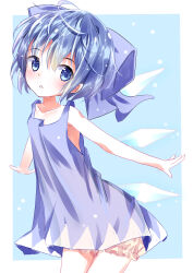 Rule 34 | 1girl, :o, absurdres, bloomers, blue bow, blue dress, blue eyes, blue hair, blush, bow, choko (mixberry parfait), cirno, dress, flat chest, hair bow, highres, ice, ice wings, no shirt, open mouth, pinafore dress, short dress, short hair, sleeveless, sleeveless dress, solo, touhou, underwear, white bloomers, wings
