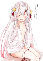 Rule 34 | 1girl, areola slip, bell, blouse, blush, closed eyes, collarbone, collared shirt, commentary request, double bun, ex idol, gradient hair, hair bell, hair bun, hair ornament, hand up, highres, hololive, horns, jingle bell, long hair, long sleeves, multicolored hair, naked shirt, nakiri ayame, navel, oni, open clothes, open shirt, red hair, shirt, sitting, skin-covered horns, sleeves past wrists, solo, stomach, streaked hair, thighhighs, translation request, very long hair, virtual youtuber, white hair, white shirt, white thighhighs