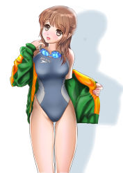 Rule 34 | 1girl, brown eyes, brown hair, competition swimsuit, goggles, goggles around neck, highres, jacket, long hair, mashinatsu, one-piece swimsuit, original, reiji-sss, speedo (company), swimsuit